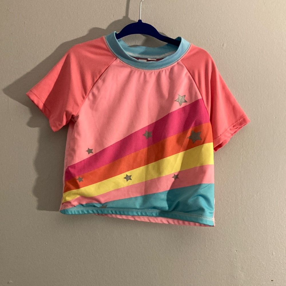 Pink and Blue Rashguard Swim Top with Vibrant Stripes